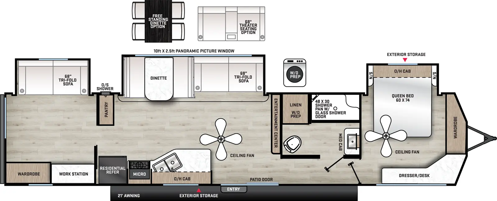 The Catalina Destination Series 40BHTSDEN floorplan has one entry and three slide outs. Exterior features include: metal exterior and 21' awning. Interiors features include: free-standing dinette option and front bedroom.